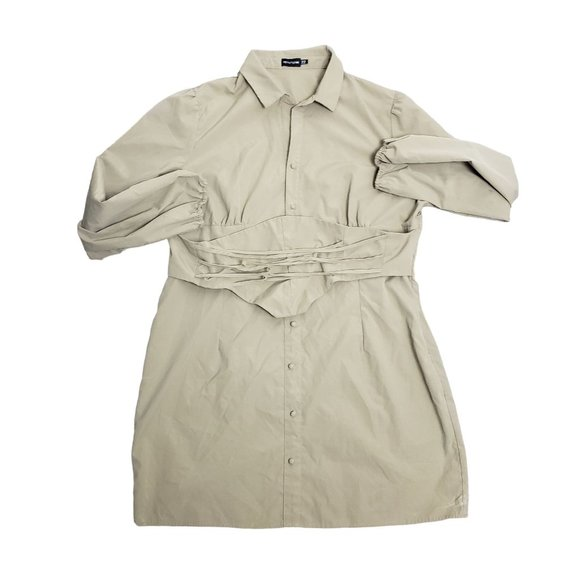 Pretty Little Thing Plus Size 18 Khaki Corset Detail Puff‎ Sleeve Shift Dress - Picture 1 of 7